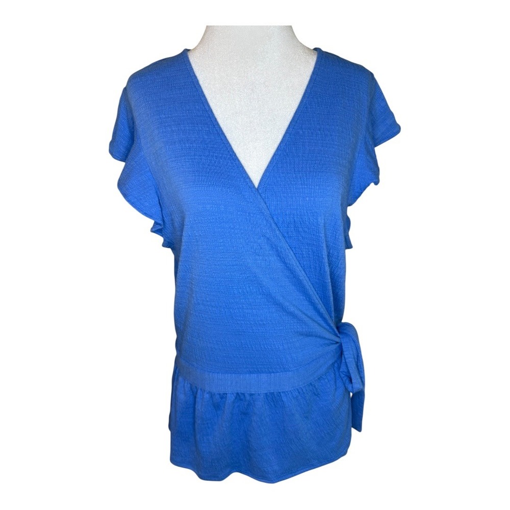 Banana Republic Wrap Top Ruffle Sleeve Tie‎ Waist Blue Blouse Size Large